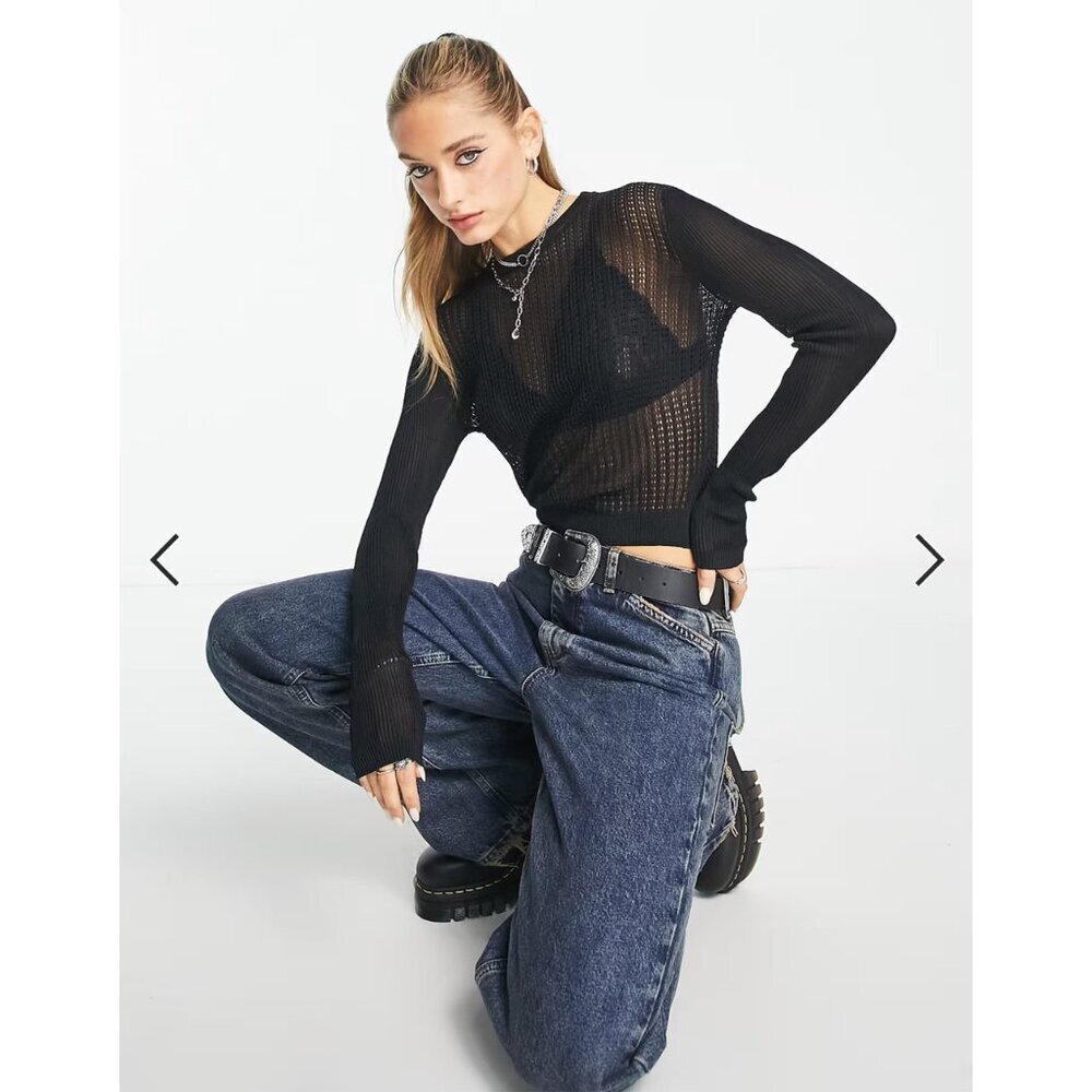 NWT Free People H20‎ Crew Open Weave Pullover Black Women S